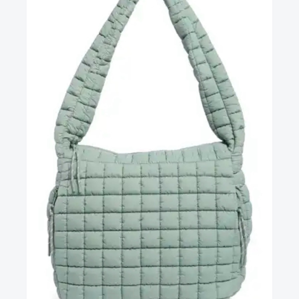 Oversized Square Quilted Nylon Hobo Shoulder Bag in Mint Green